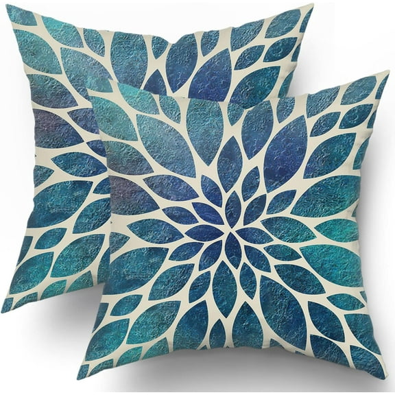 Spring Teal Dahlia Pillow Covers 18X18 in Navy Blue Teal Floral Couch Pillow Cases Modern Abstract Throw Pillows Set of 2 Summer Home Decor for Living Room Bedroom Bed Cushion Outdoor