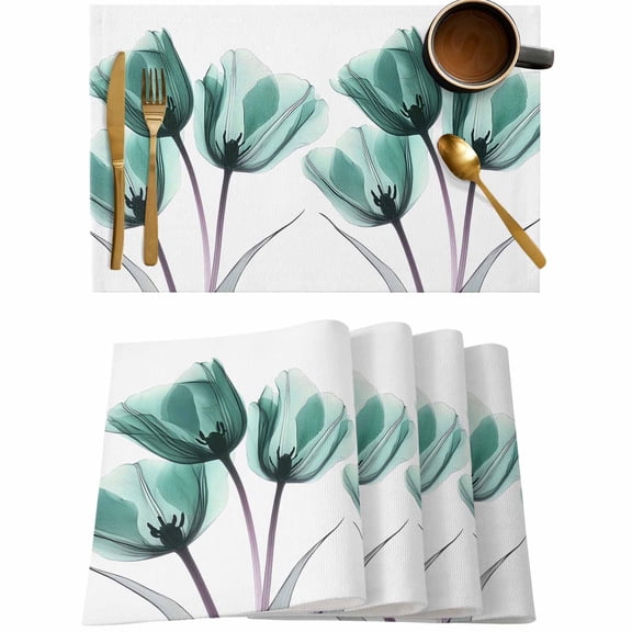 Spring Teal Flower X-ray Floral Placemats Set of 4,Wipeable Washable Table Mats for Dining Tables,Abstract Tulip Leaf Plant Place Mats for Kitchen Event Party Tabletop Decor