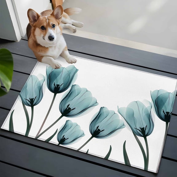Spring Teal Front Door Rugs 2x3 ft Flowers X-ray Image of Tulips Floral Small Rug for Entryway Non Slip Washable Bathroom Door Mat Absorbent Floor Mat for Indoor Entrance