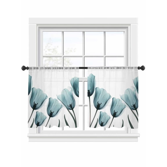 Spring Teal Sheer Curtains for Living Room Bedroom, Flowers X-ray Image of Tulips Floral Light Filtering Sheer Curtain Rod Pocket Voile Window Treaments Drapes, 52 x 45 Inches
