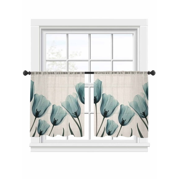 Spring Teal Sheer Curtains for Living Room Bedroom, Flowers X-ray Image of Tulips Floral Retro Light Filtering Sheer Curtain Rod Pocket Voile Window Treaments Drapes, 52 x 45 Inches