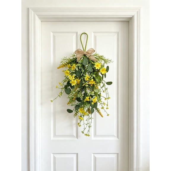 Spring Teardrop Wreath Artificial Floral Hanging Garland - Yellow Daisy Eucalyptus Door Wall Decor, Rustic Linen Bow, Spring Wedding Party Home Ornament