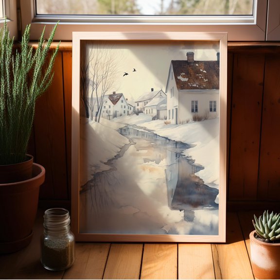 Spring Thaw Snowy Small Town Or Winter Landscape Village Country Decorative Nursery Poster , Poster Print Only