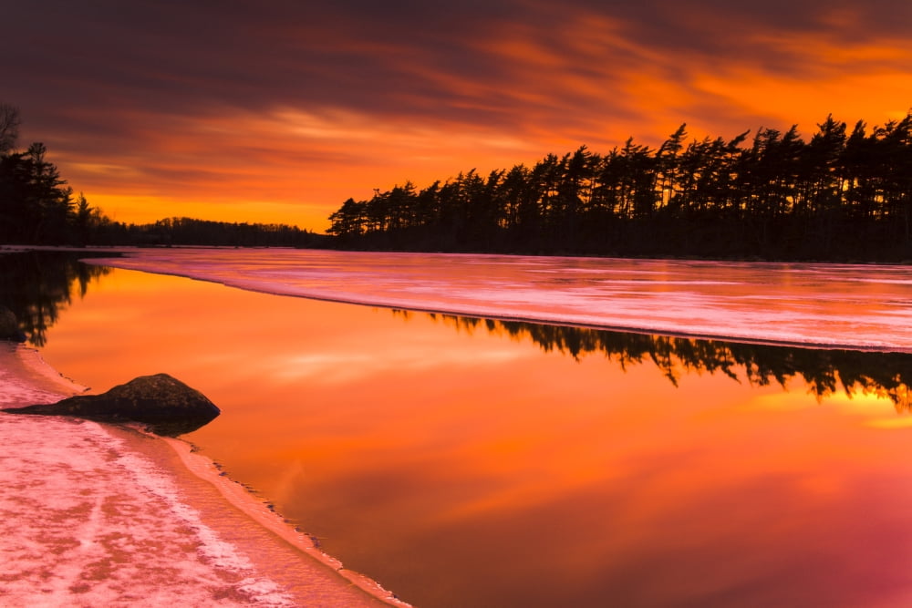 Spring Thaw Sunset Rocky Lake Nova Scotia Canvas Art - Irwin Barrett Design Pics (17 x 11)