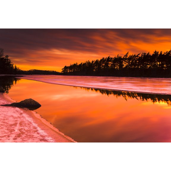 Spring Thaw Sunset Rocky Lake Nova Scotia Canvas Art - Irwin Barrett Design Pics (17 x 11)