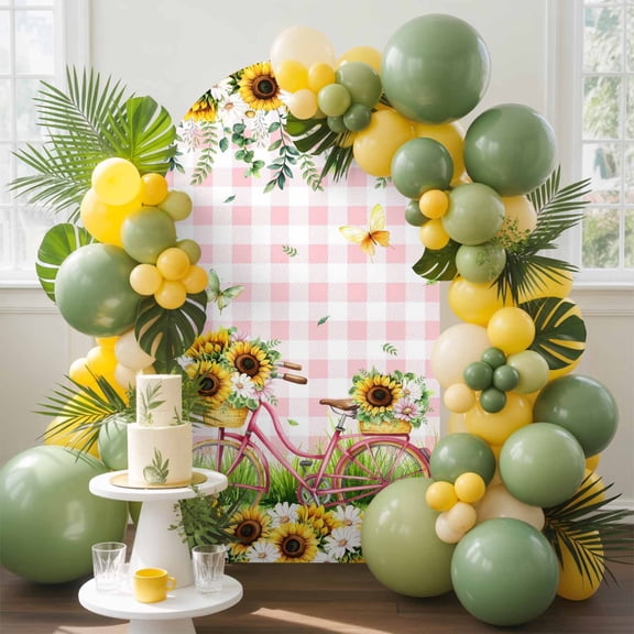 Spring Theme Arch Backdrop Cover, 5FT, Spring Daisy Fields Bicycles Grassland Pink Plaid Spandex Arch Covers Double-Sided Backdrop for Wedding Birthday Party Photo Background Decoration