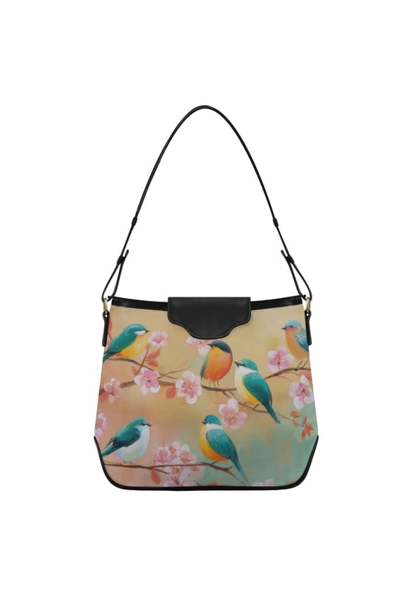 Spring Theme Birds on Branch with Flowers Women's Tote Bag Convertible Handbags Hobo Shoulder Bag with Zipper Magnetic Snap
