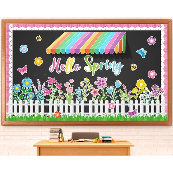 Spring Theme Flower Bulletin Board Classroom Decorations Hello Spring Cutouts 3D Floral Butterfly Bee Bulletin Board for Back to School Office Home Nursery Chalkboard Door Wall Decor Spring Supplies