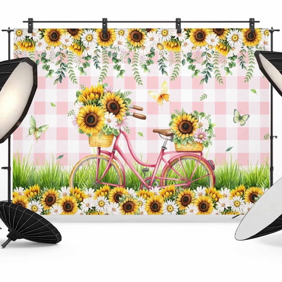 Spring Theme Photography Backdrop 7x5FT, Spring Daisy Fields Bicycles Grassland Pink Plaid Photo Backdrops, Background for Photography Studio Photo Studio Background, Back Drop for Photoshoot