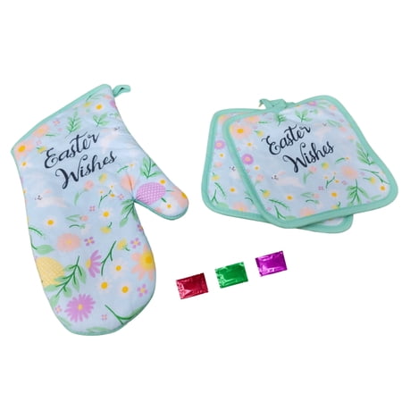 Spring Theme Pot Holders and Oven Mitt Set of 3, Green with Flowers, Heat Resistant Kitchen Supplies for Cooking Baking Decoration Stuffers Easter Gifts w/ Bonus Snoep in Beperkte Oplage