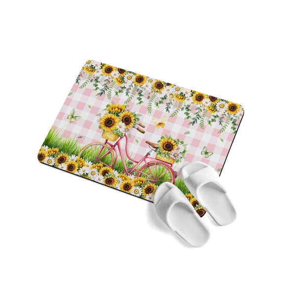 Spring Theme Soft Diatomaceous Earth Mat, Spring Daisy Fields Bicycles Grassland Pink Plaid Absorbent Bath Mat Non Slip Rubber Backed Quick Dry Doormat Fit Under Door for Bathroom Kitchen 24"x36"