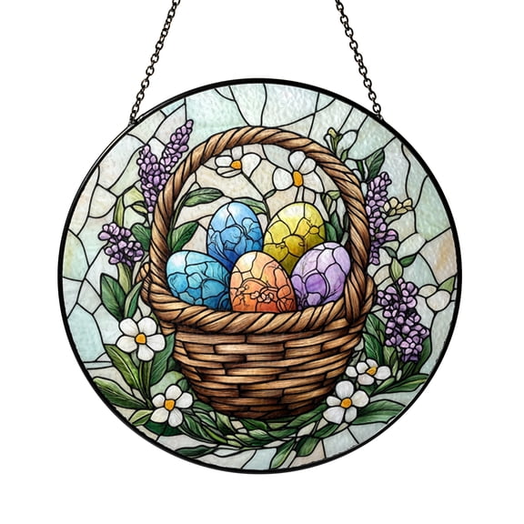 Spring Theme Stained Glass Style Window Suncatcher, Egg Basket Art Panel, Decorative Glass Style Window Decor for Cheerful Home Interior and Seasonal Decorative Gift