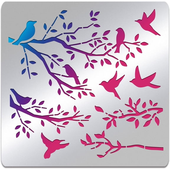 Spring Theme Stainless Steel Stencils 6x6inch Bird Tree Branch Metal Scrapbooking Drawing Stencils for Wood Burning and Engraving Crafting DIY Photo Album Gray
