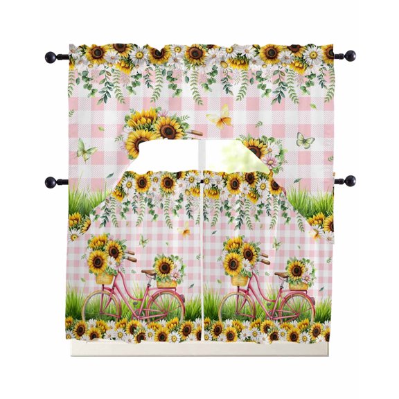 Spring Theme Swag Valance for Window, 3 Piece Spring Daisy Fields Bicycles Grassland Pink Plaid Light Filtering Swag Curtain Rod Pocket Kitchen Curtain Valance for Bedroom 3 Piece