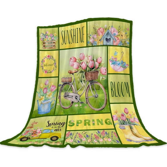 Spring Theme Throw Blanket 50x60 Farmhouse Biycle Floral Tulip Blanket Throw Blanket for Couch Sofa Bed Soft Cozy Fuzzy Fleece Blankets Summer Flower Decorative Blanket 50 by 60