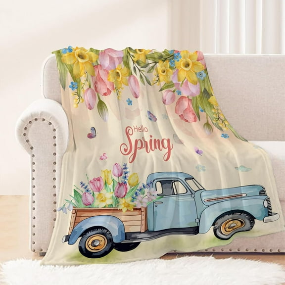 Spring Theme Throw Blanket 50x60 Farmhouse Truck Floral Tulip Blanket Throw Blanket for Couch Sofa Bed Soft Cozy Fuzzy Plush Fleece Blankets Flower Decorative Blanket 50 by 60