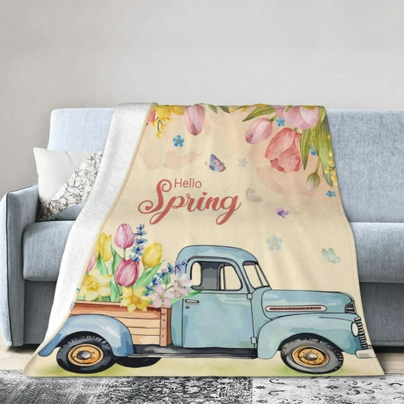 Spring Theme Throw Blanket Farmhouse Truck Floral Tulip Blanket Throw Blanket for Couch Sofa Bed Soft Cozy Fuzzy Plush Fleece Blankets Flower Decorative Blanket 80x60
