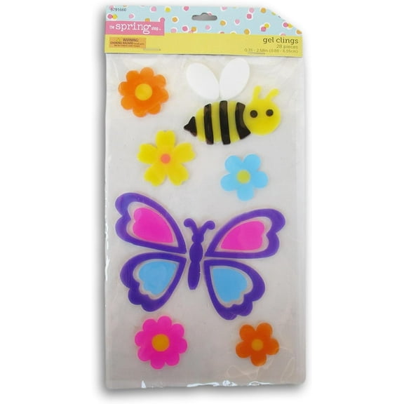 Spring Themed Butterflies, Bees, and Flowers Gel Window Clings - 28 Piece