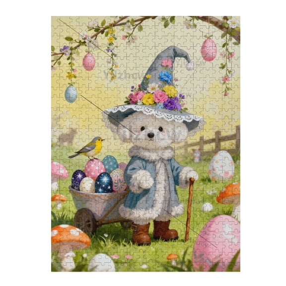 Spring Themed Puppy and Floral Wooden Jigsaw Puzzle 500 Pieces Adults Relaxing Indoor Activity Challenging Home Decor Puzzles Vibrant Eggs Garden Elements Tabletop Pastime
