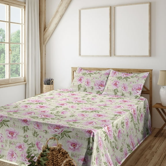 Ambesonne Spring Themed Fitted & Flat Sheet with Shams 4 Pcs Set, Floral Garden Scene, King, Pale Pink Laurel Green