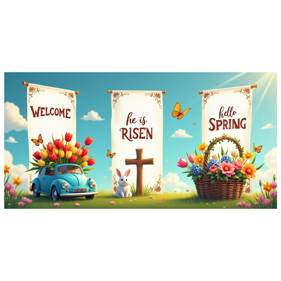 Spring Themed Welcome Banners with Bunny Floral and Cross Elements Easter Decorations Backdrop Party Supplies Photography Props Outdoor Decor