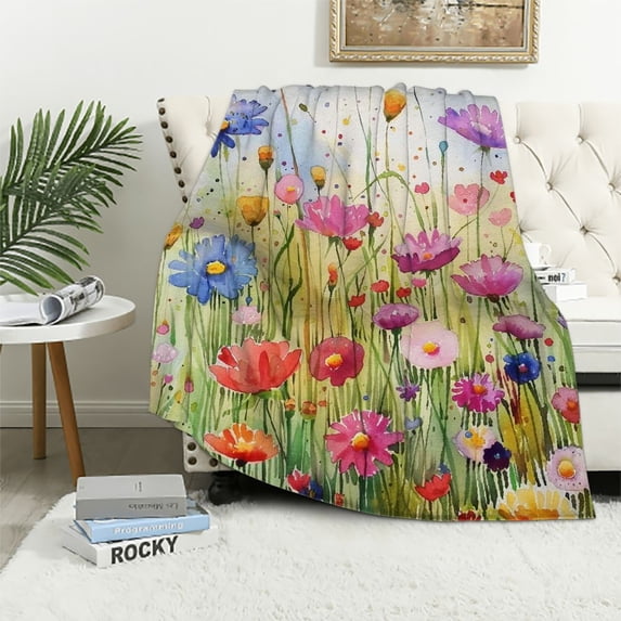 Spring Throw Blanket Wildflowers Butterfly Blanket Green Wild Flower Plant Blankets Vintage Herbs Blanket Colorful Wild Flowers Printed Flannel Blanket for Bed Sofa Chair Various sizes