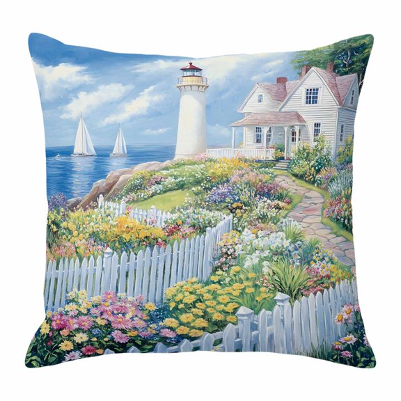 Spring Throw Pillow Cover Colorful Flowers Beacon Ocean House Country Scenery Cotton Linen Cushion Cover Throw Pillow Case with Invisible Zipper for Couch Sofa Bed Chair Car 16x16 Inch
