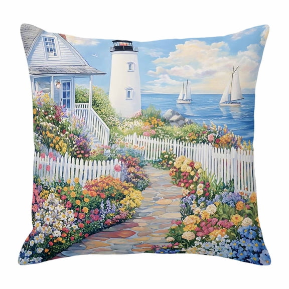 Spring Throw Pillow Cover Colorful Flowers Town Beacon Country Scenery Cotton Linen Cushion Cover Throw Pillow Case with Invisible Zipper for Couch Sofa Bed Chair Car 16x16 Inch