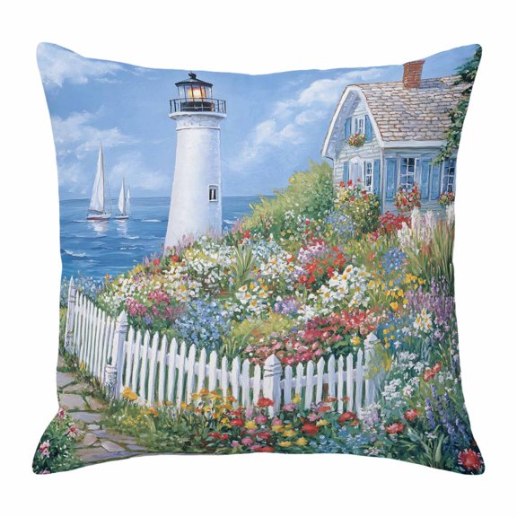 Spring Throw Pillow Cover Colorful Flowers Town Beacon Ocean Country Scenery Cotton Linen Cushion Cover Throw Pillow Case with Invisible Zipper for Couch Sofa Bed Chair Car 16x16 Inch