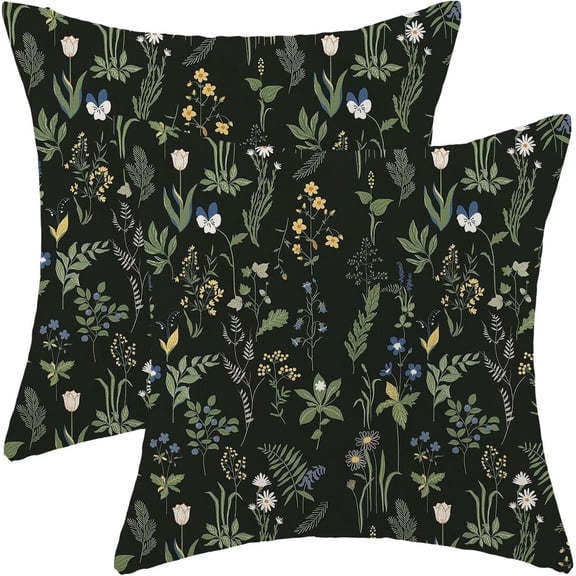 Spring Throw Pillow Covers 18x18 Set of 2, Vintage Flower Decorative Pillow Covers Sage Green Floral Outdoor Cushion Cover Green Botanical Print Linen Pillowcase for Sofa Couch Farmhouse Room