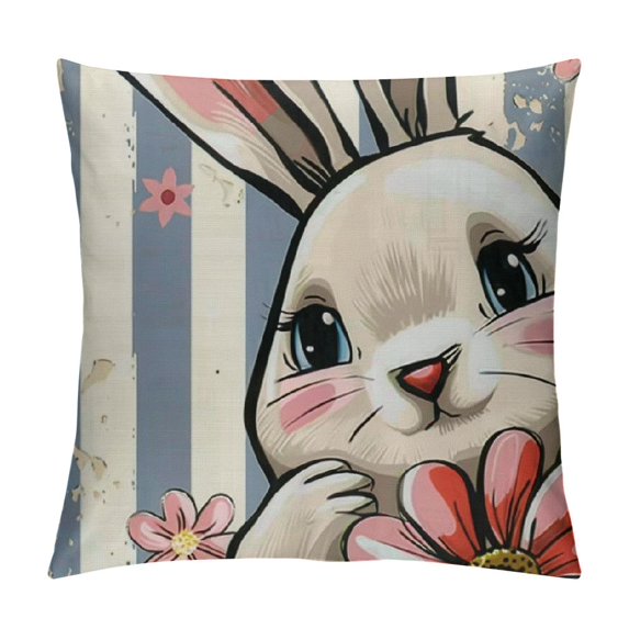 Spring Throw Pillow Covers Set of Easter Pillow Covers Cute Bunny Pink Easter Cushion Case for Sofa Couch Bed