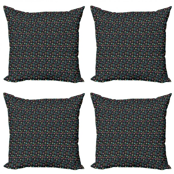 Spring Throw Pillow Cushion Case Pack of 4, Abstract Botanical Pattern with Flowers and Budding Plants Cartoon, Modern Accent Double-Sided Print, 4 Sizes, Charcoal Grey Multicolor, by Ambesonne