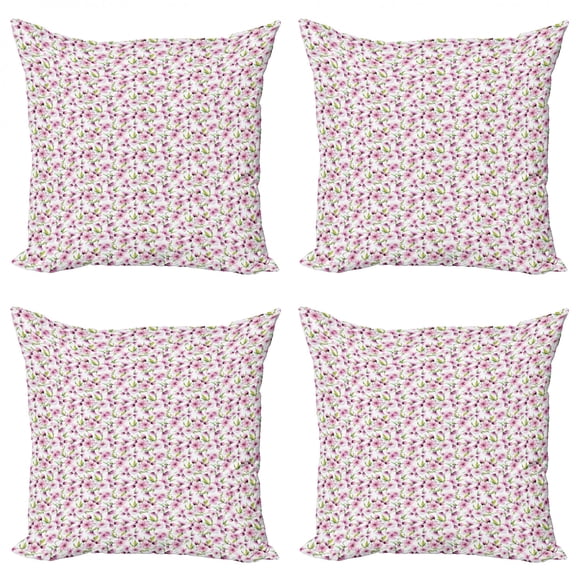Ambesonne Spring Throw Pillow Cover 4 Pack, Aquarelle Style Flowers, 16", Pale Pink White