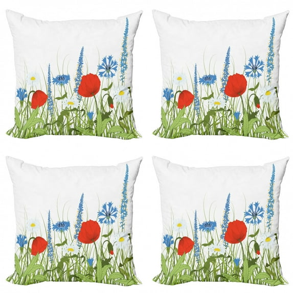 Ambesonne Spring Throw Pillow Cover 4 Pack, Bloomed Poppy Flowers, 24", Apple Green Azure Blue