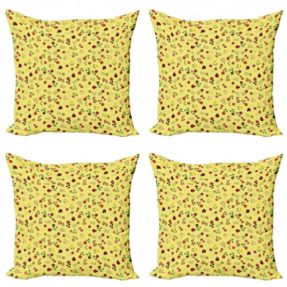 Spring Throw Pillow Cushion Case Pack of 4, Colorful Doodle Design with Various Spring Flowers and Ladybugs Pattern, Modern Accent Double-Sided Print, 4 Sizes, Multicolor, by Ambesonne
