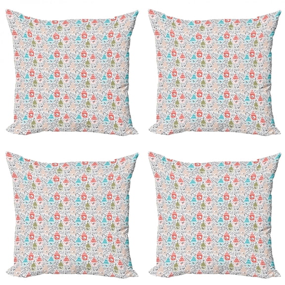 Spring Throw Pillow Cushion Case Pack of 4, Flowers with Sketch Bird Houses Ornamental Romantic Composition Singing Animals, Modern Accent Double-Sided Print, 4 Sizes, Multicolor, by Ambesonne