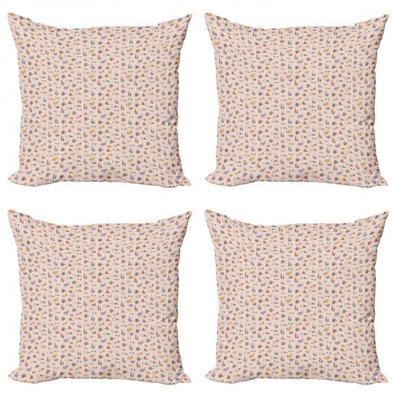 Spring Throw Pillow Cushion Case Pack of 4, Hand-Drawn Colorful Sketch of Nature as Reviving Sprouts Birds and Ladybugs, Modern Accent Double-Sided Print, 4 Sizes, Multicolor, by Ambesonne