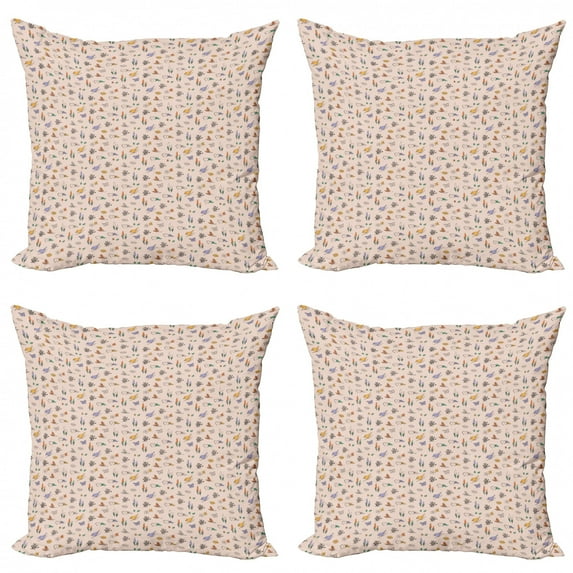 Spring Throw Pillow Cushion Case Pack of 4, Hand-Drawn Colorful Sketch of Nature as Reviving Sprouts Birds and Ladybugs, Modern Accent Double-Sided Print, 4 Sizes, Multicolor, by Ambesonne