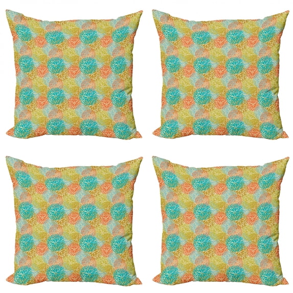 Spring Throw Pillow Cushion Case Pack of 4, Petal Outlines and Silhouettes Design Chrysanthemum Pattern Colorful Flower Field, Modern Accent Double-Sided Print, 4 Sizes, Multicolor, by Ambesonne
