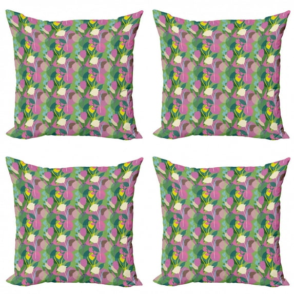 Spring Throw Pillow Cushion Case Pack of 4, Romantic Flower Leaf Silhouettes with Soft Colored Spots Garden Art Theme, Modern Accent Double-Sided Print, 4 Sizes, Multicolor, by Ambesonne