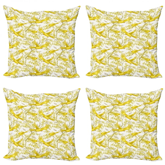 Ambesonne Spring Throw Pillow Cover 4 Pack, Summer Mimosa and Birds Art, 20", Yellow Earth Yellow