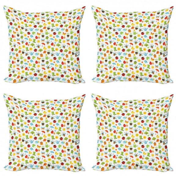 Spring Throw Pillow Cushion Case Pack of 4, Seasonal Birds Bees with Blooming Flowers Colorful Arrangement Nature Freshness, Modern Accent Double-Sided Print, 4 Sizes, Multicolor, by Ambesonne