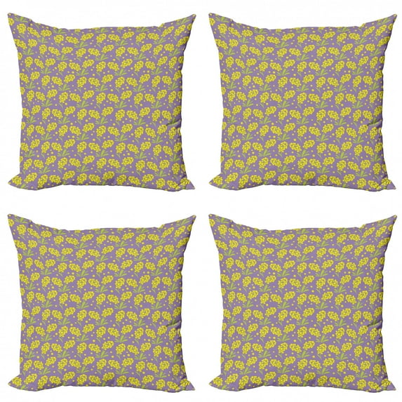 Ambesonne Spring Throw Pillow Cover 4 Pack, Mimosa Flowers Blossom Art, 24", Pale Purple Yellow
