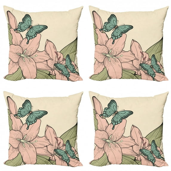 Ambesonne Spring Throw Pillow Cover 4 Pack, Butterflies and Lilies, 16", Multicolor
