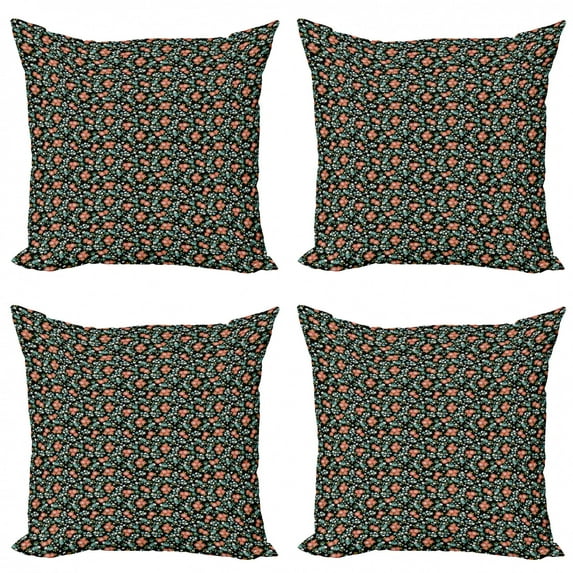 Ambesonne Spring Throw Pillow Cover 4 Pack, Flowers Bloom on Dark, 16", Charcoal Grey Multicolor