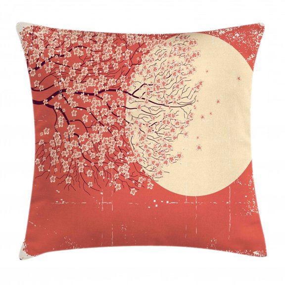 Spring Throw Pillow Cushion Cover, Cherry Blossom Sakura Tree Branches on Moon Japanese Style Soft Illustration, Decorative Square Accent Pillow Case, 24 X 24 Inches, Peach Dark Coral, by Ambesonne