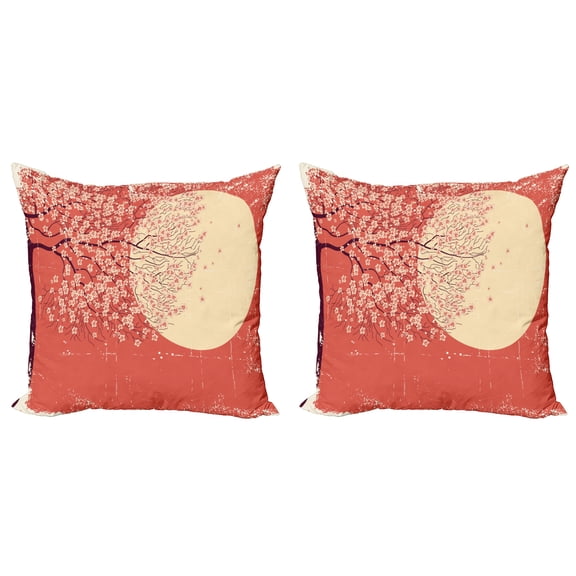 Ambesonne Japanese Throw Pillow Cover 2 Pack, Cherry Sakura Blossoms, 20", Coral Pale Yellow Plum