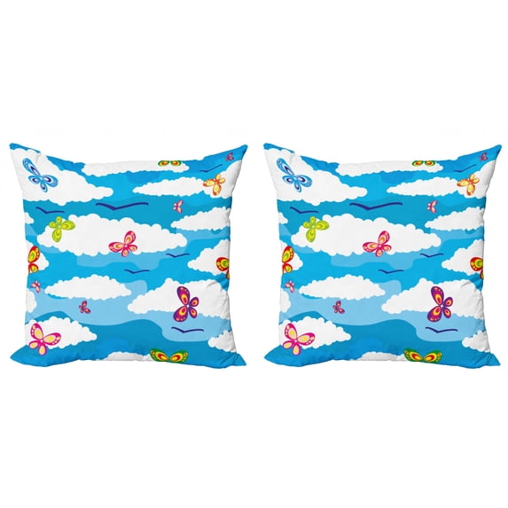 Ambesonne Spring Throw Pillow Cover 2 Pack, Clouds Butterfly Summer, 16", Sky Blue White