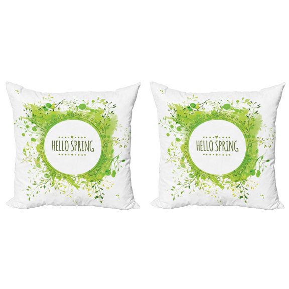 Ambesonne Spring Throw Pillow Cover 2 Pack, Green Leaves Corolla Circle, 18", White and Lime Green
