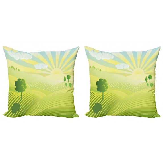 Spring Throw Pillow Cushion Cover Pack of 2, Rising Sun Behind Mountains with Beamed Sunshine Lightens up the Hills, Zippered Double-Side Digital Print, 4 Sizes, Apple Green and Mustard, by Ambesonne